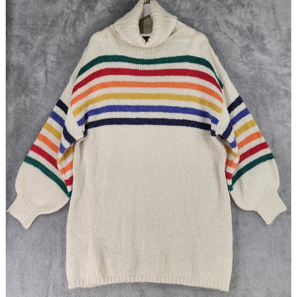 Voge Sweater Womens M/L Cream‎ Rainbow Striped Turtle Neck Long Sleeve Tunic